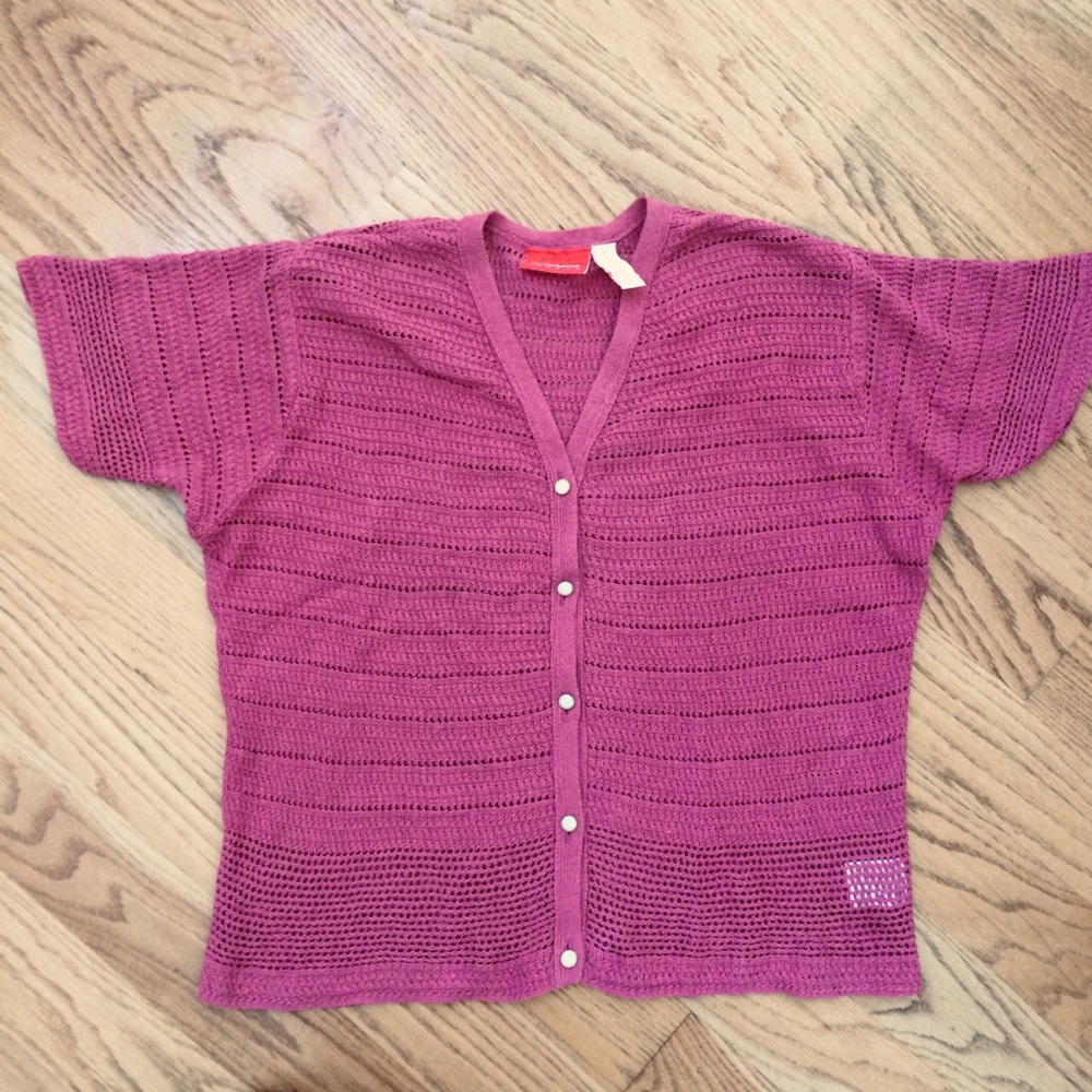 Crochet short sleeve summer linen knit top M